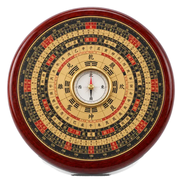 4K transparent cutout of product photography of a single intricate Chinese geomantic compass (luopan) with a central magnetic needle and concentric rings of characters on a lacquered wooden base, isolated…