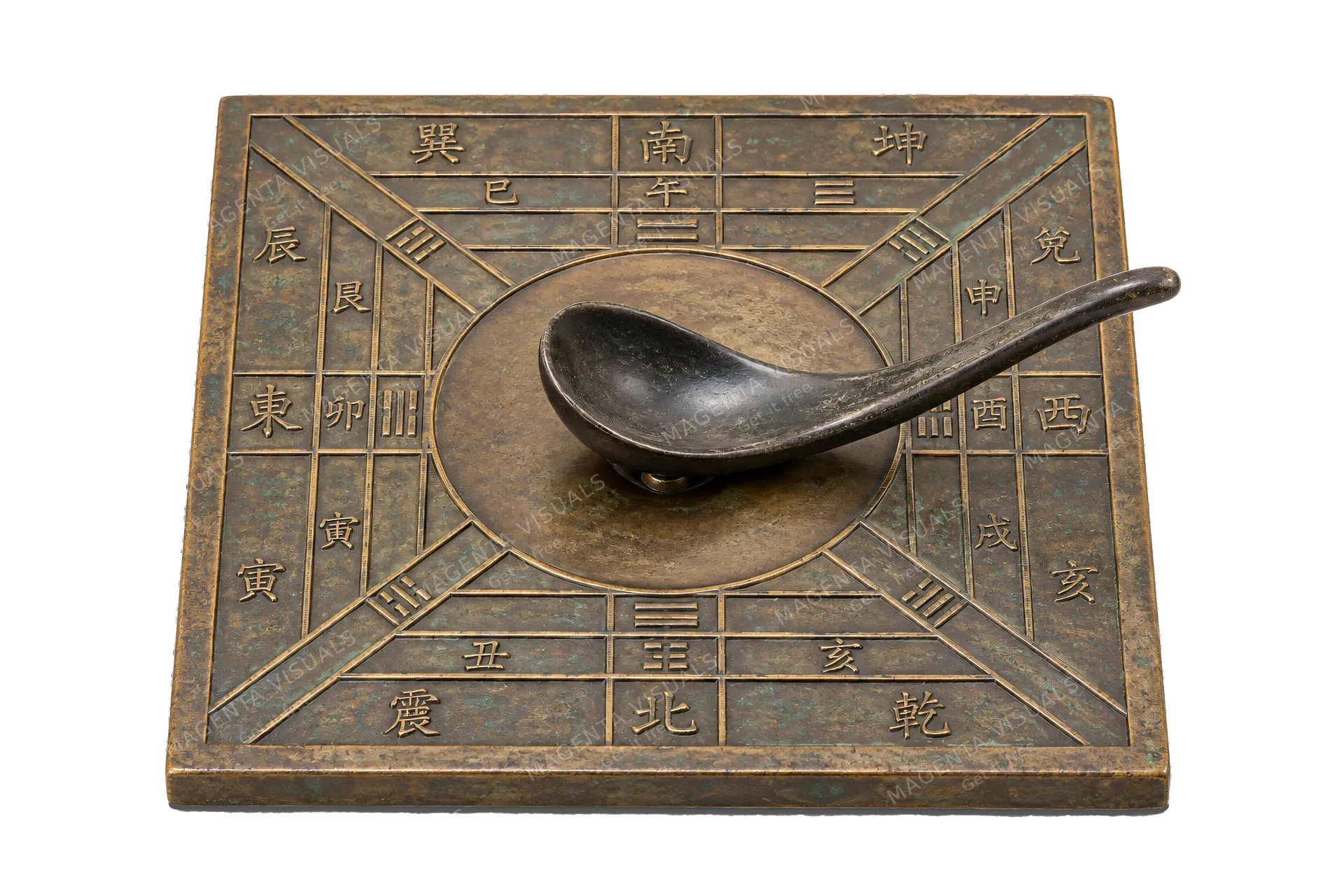 4K transparent cutout of product photography of a single ancient Chinese lodestone compass, a smooth carved magnetic spoon resting on a square bronze diviner's board with engraved directional markings, is…