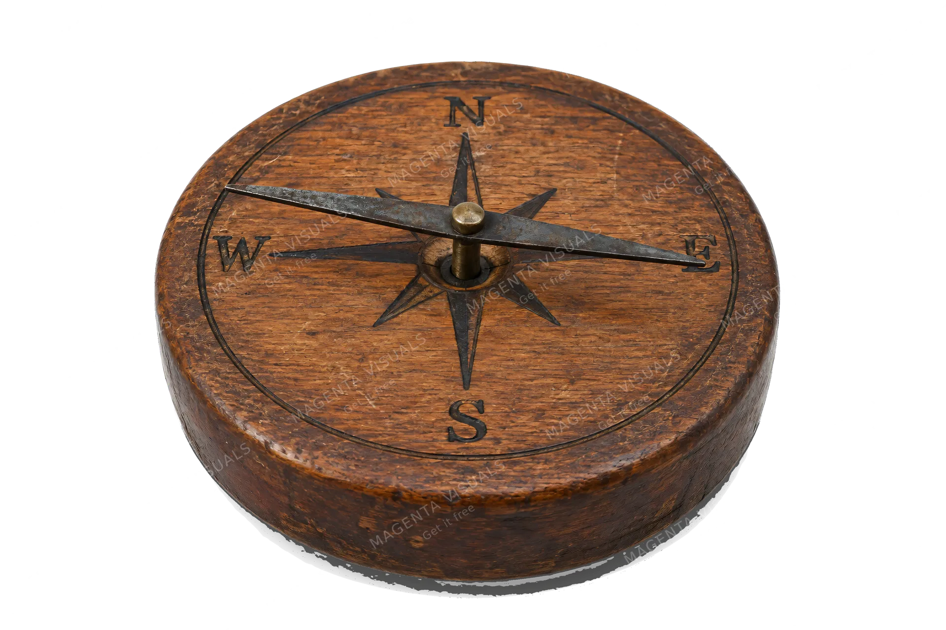 4K transparent cutout of product photography of a single simple ancient magnetic needle compass featuring an iron needle resting on a central pivot point above a simple wooden base with cardinal direction…
