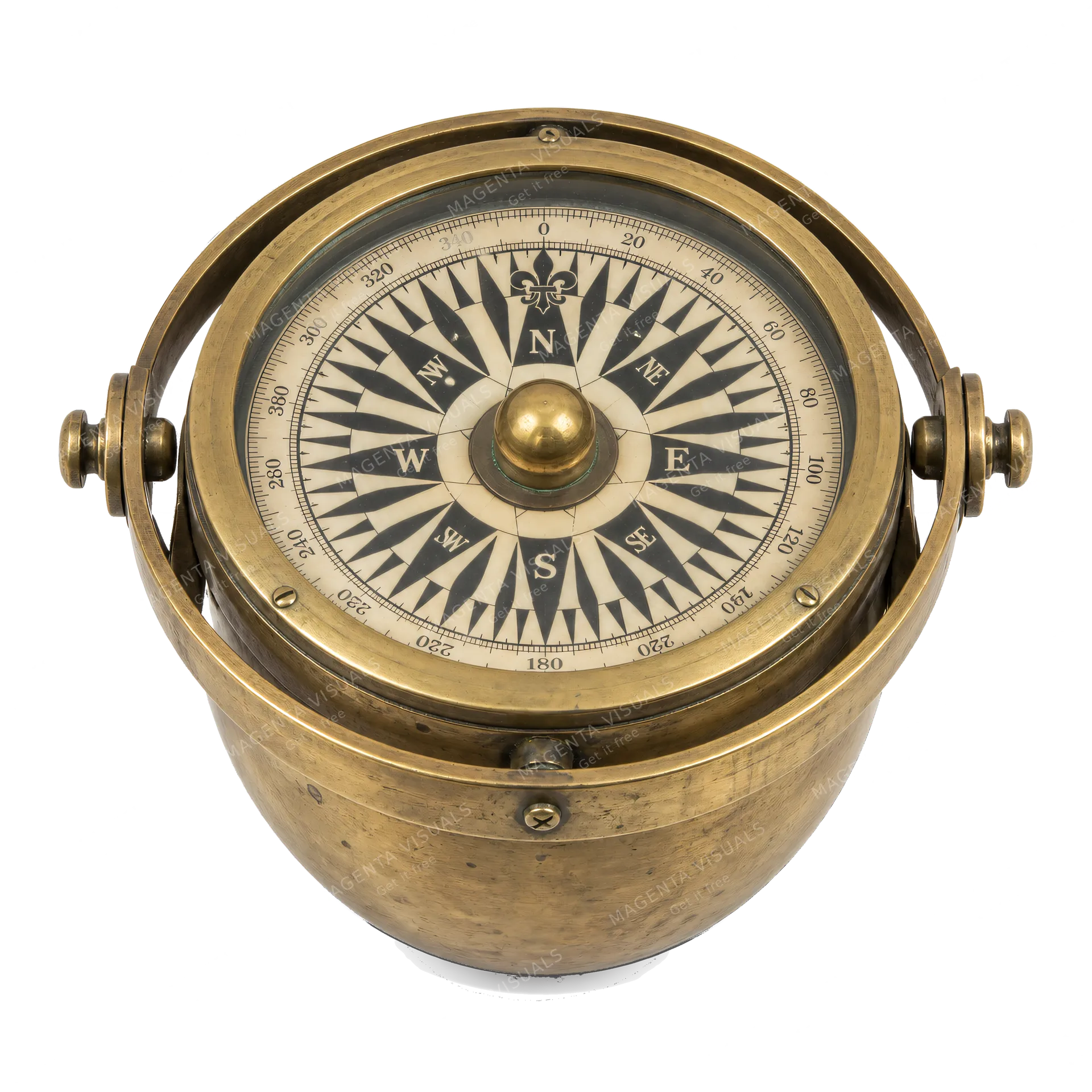 4K transparent cutout of product photography of a single historical mariner's compass featuring a brass bowl and intricate compass card, isolated object, entire subject visible, centered in frame, museum…