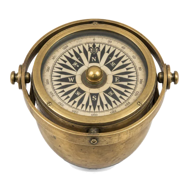 4K transparent cutout of product photography of a single historical mariner's compass featuring a brass bowl and intricate compass card, isolated object, entire subject visible, centered in frame, museum…