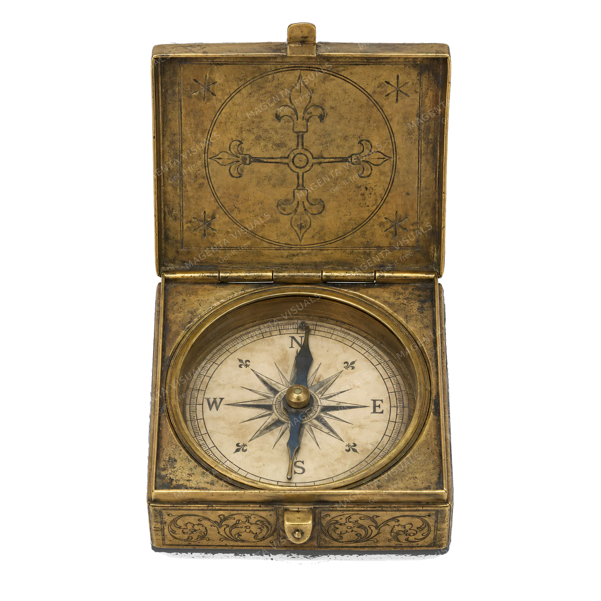 4K transparent cutout of product photography of a single medieval box compass, isolated object, entire subject visible, centered in frame, museum artifact, pure white background, seamless white backdrop,…