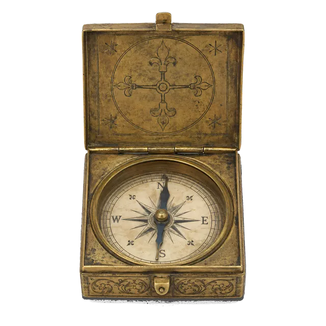 4K transparent cutout of product photography of a single medieval box compass, isolated object, entire subject visible, centered in frame, museum artifact, pure white background, seamless white backdrop,…