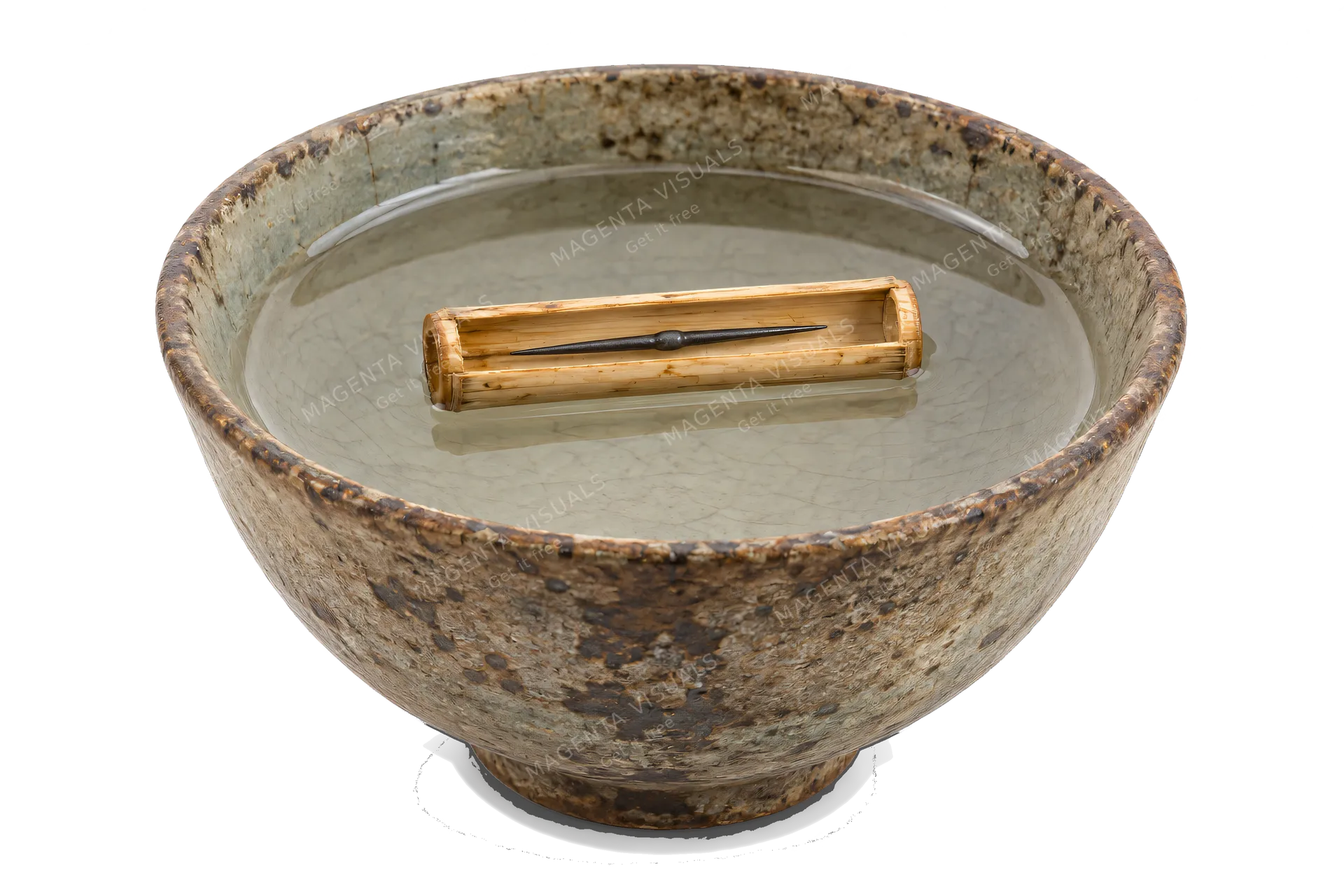 4K transparent cutout of product photography of a single ancient Chinese reed-float compass consisting of a rustic ceramic bowl filled with water where a magnetized iron needle rests inside a short piece…