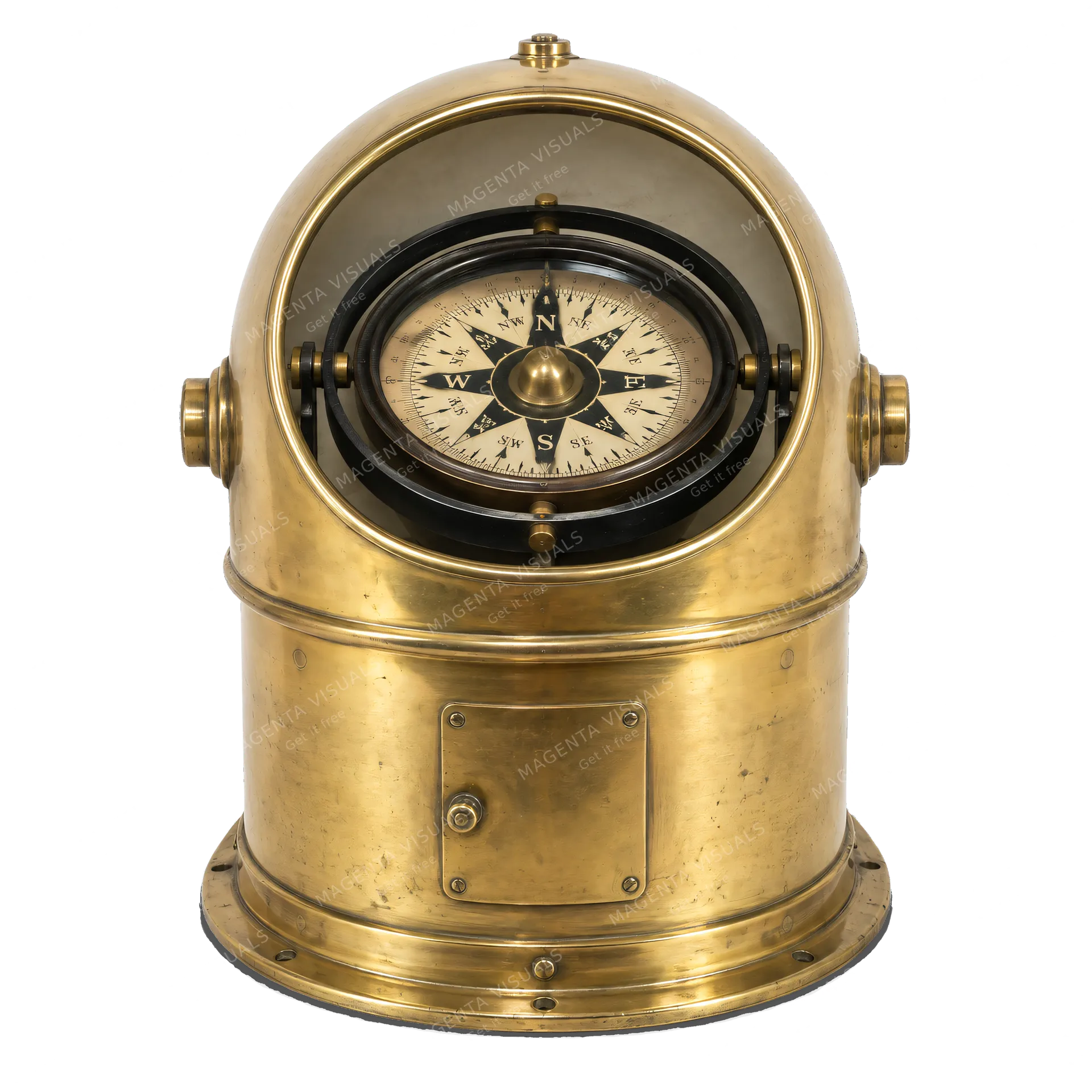 4K transparent cutout of product photography of a single historical ship's compass with a gimbaled mount inside a solid brass binnacle housing, isolated object, entire subject visible, centered in frame,…