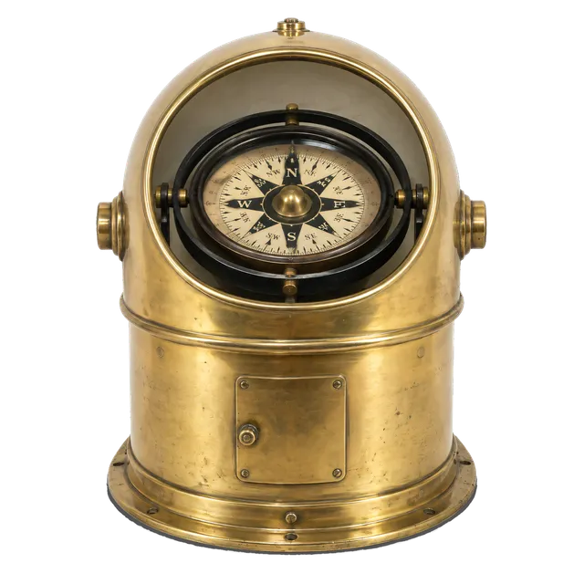 4K transparent cutout of product photography of a single historical ship's compass with a gimbaled mount inside a solid brass binnacle housing, isolated object, entire subject visible, centered in frame,…