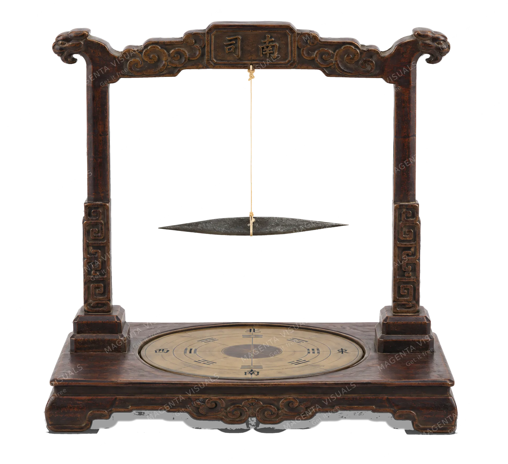 4K transparent cutout of product photography of a single ancient Chinese silk-thread compass featuring a delicate magnetized iron needle suspended by a fine silk thread from a carved wooden stand, isolate…