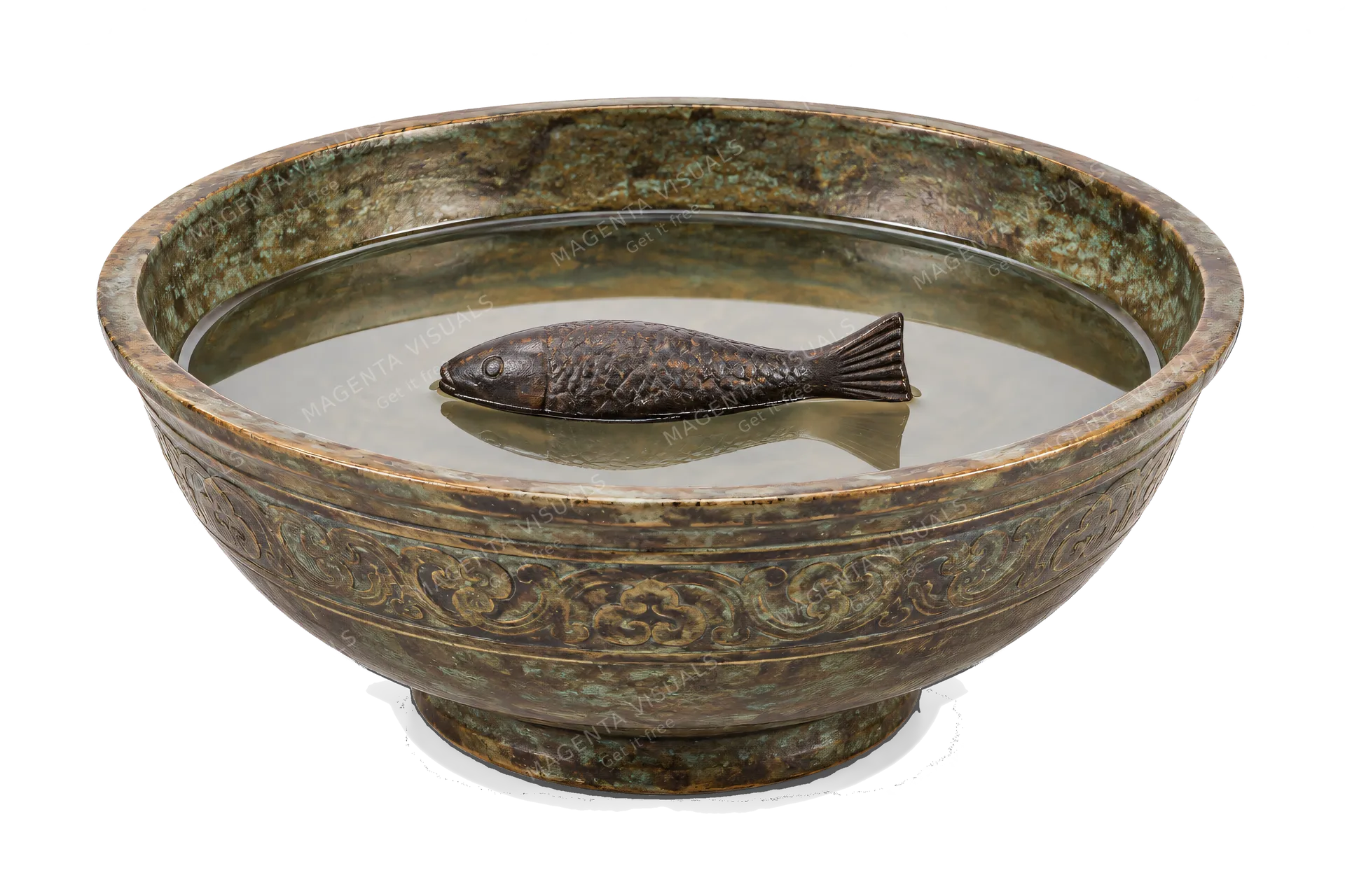 4K transparent cutout of product photography of a single ancient Chinese south-pointing fish compass consisting of a magnetized iron fish floating in a shallow bowl of water, isolated object, entire subje…