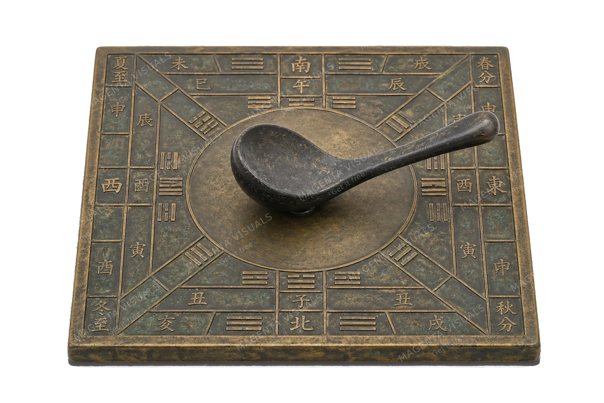 4K transparent cutout of product photography of a single ancient Chinese south-pointing spoon (sinan) compass made of carved lodestone resting on a square bronze divination plate with celestial markings,…