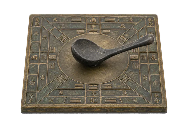 4K transparent cutout of product photography of a single ancient Chinese south-pointing spoon (sinan) compass made of carved lodestone resting on a square bronze divination plate with celestial markings,…