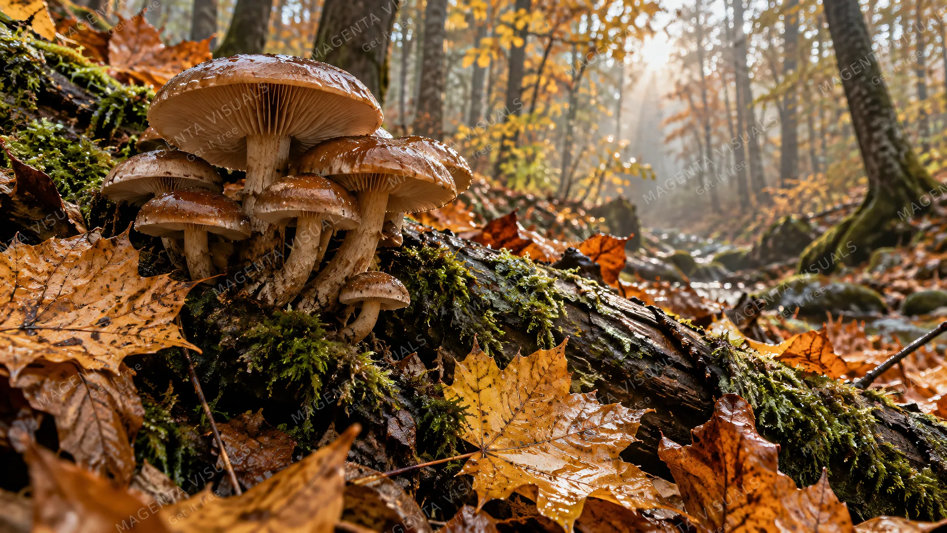 4K 16:9 photoreal photograph of a cluster of brown cap mushrooms growing on a mossy fallen log in a dense autumn forest, surrounded by dry orange and yellow maple leaves, illuminated…