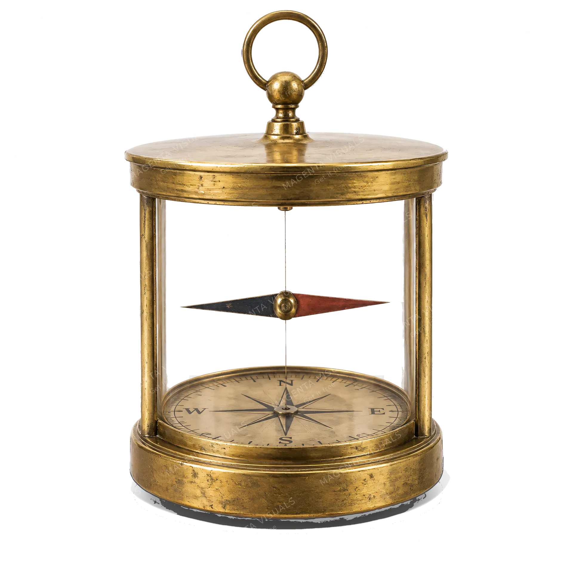 4K transparent cutout of product photography of a single ancient suspended needle compass featuring a delicate magnetized needle hanging from a fine thread inside a simple brass enclosure, isolated object…