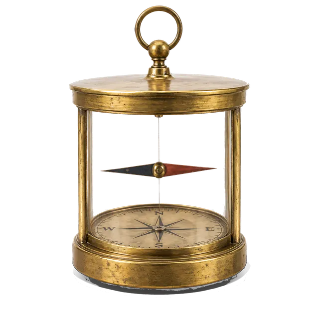 4K transparent cutout of product photography of a single ancient suspended needle compass featuring a delicate magnetized needle hanging from a fine thread inside a simple brass enclosure, isolated object…