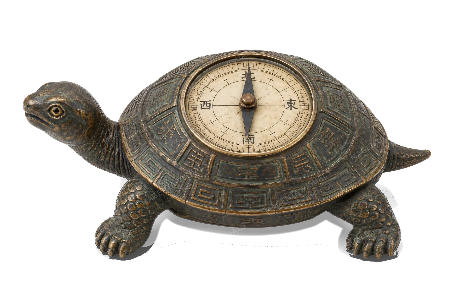 4K transparent cutout of product photography of a single historical turtle-shaped magnetic compass, isolated object, entire subject visible, centered in frame, museum artifact, pure white background, seam…