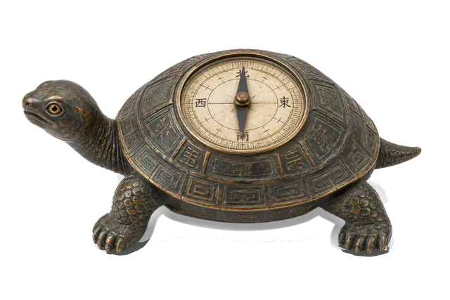 4K transparent cutout of product photography of a single historical turtle-shaped magnetic compass, isolated object, entire subject visible, centered in frame, museum artifact, pure white background, seam…