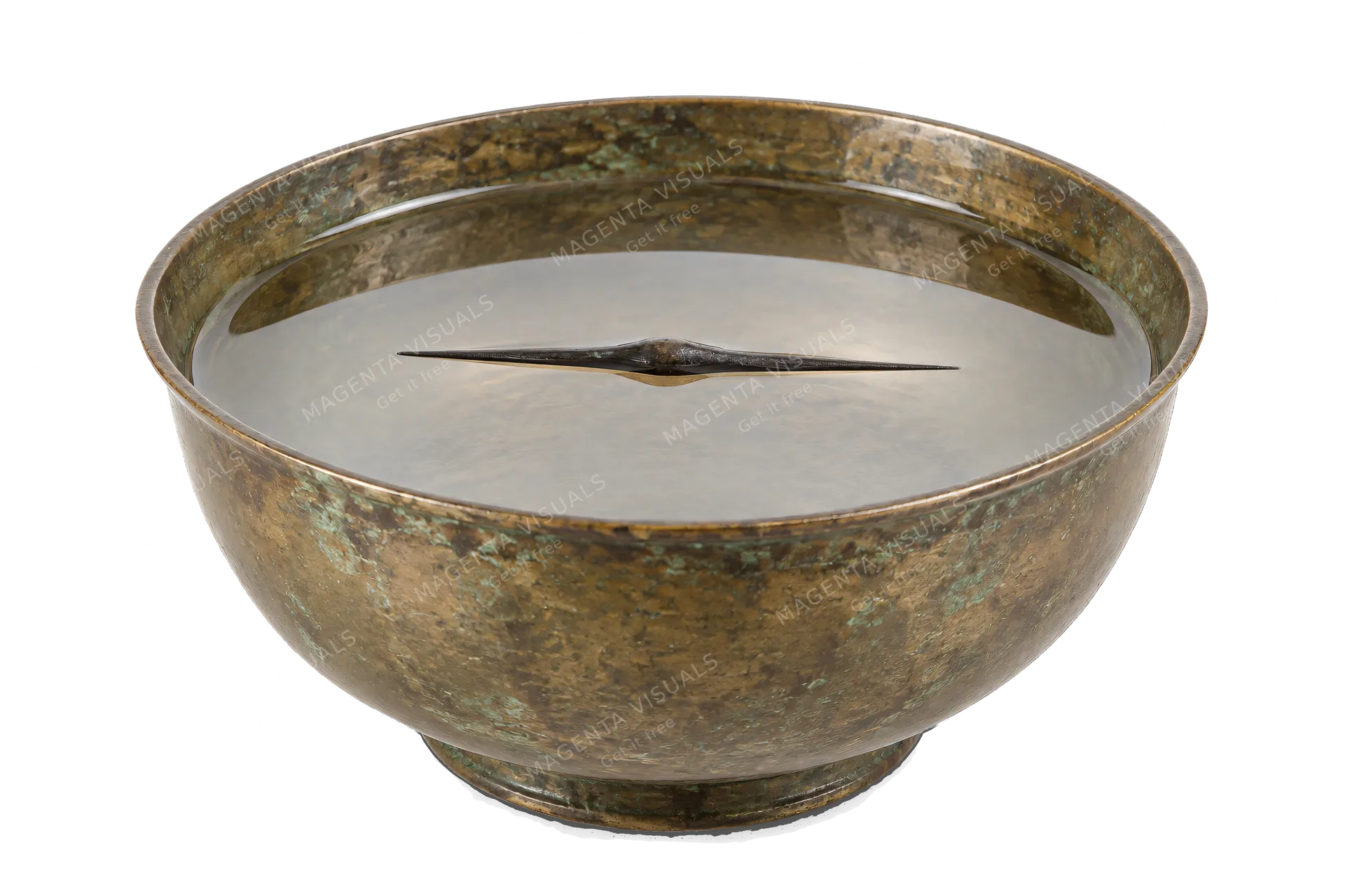 4K transparent cutout of product photography of a single ancient water-bowl compass consisting of a simple bronze bowl filled with clear water holding a floating magnetized iron needle, isolated object, e…