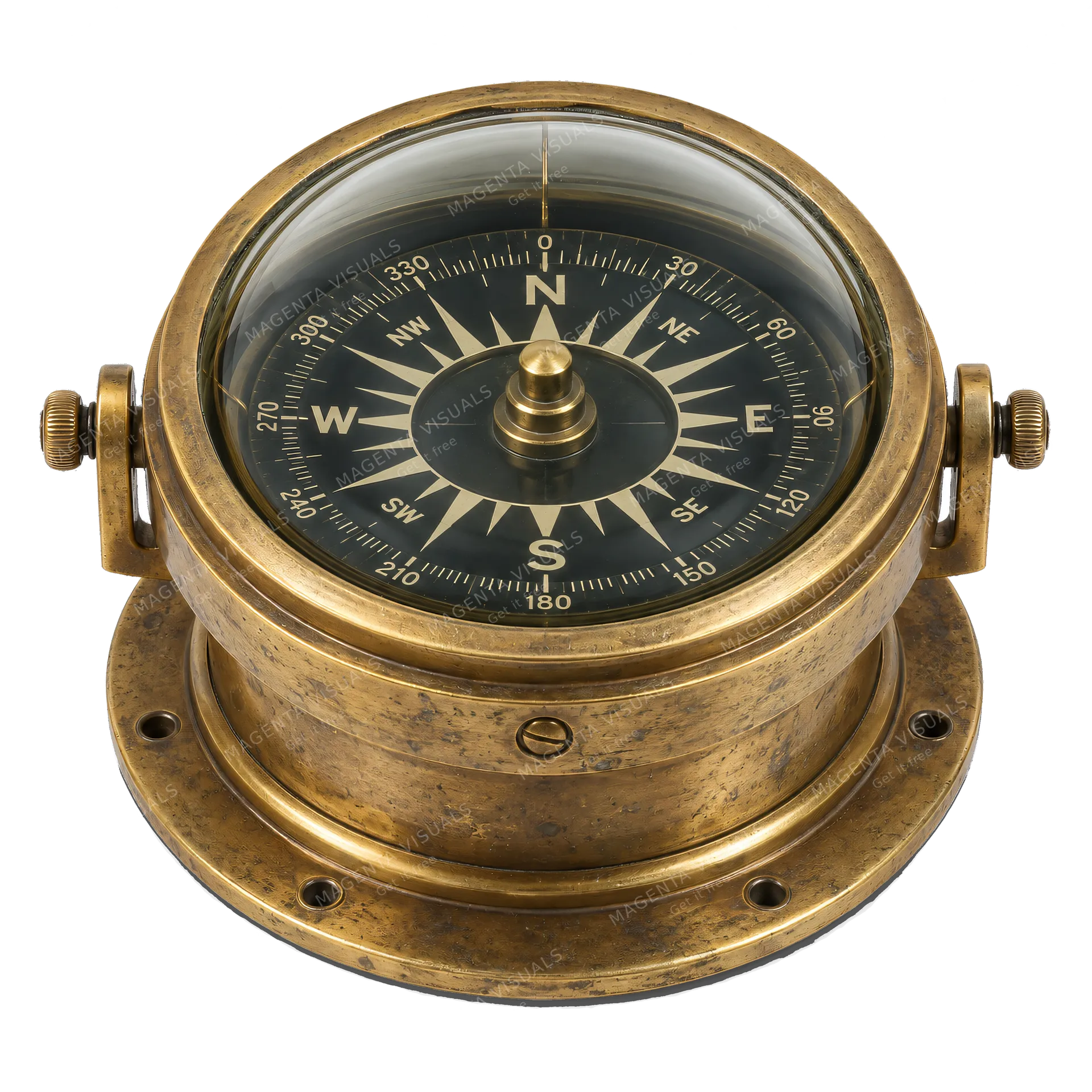 4K transparent cutout of product photography of a single antique brass liquid-filled marine wet compass with a floating dial and glass dome, isolated object, entire subject visible, centered in frame, mus…