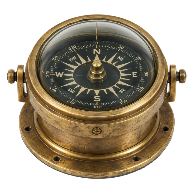 4K transparent cutout of product photography of a single antique brass liquid-filled marine wet compass with a floating dial and glass dome, isolated object, entire subject visible, centered in frame, mus…