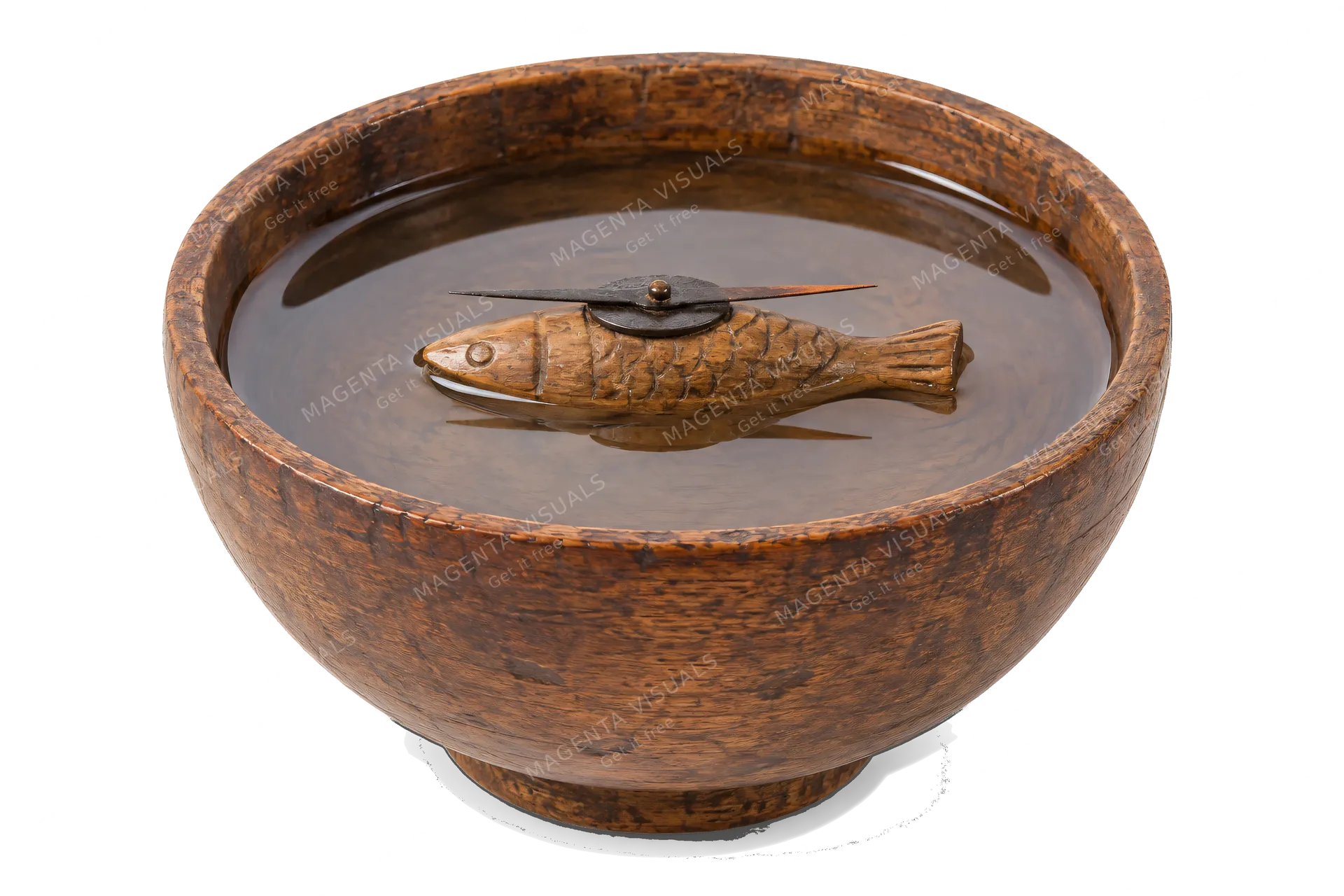 4K transparent cutout of product photography of a single ancient wooden-float compass, a small carved wooden bowl filled with water holding a floating wooden fish figure carrying a magnetized iron needle,…