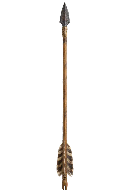 4K transparent cutout of product photography of a single ancient arrow, featuring a hand-forged iron arrowhead bound with sinew to a straight wooden shaft, complete with natural feather fletching and a ca…