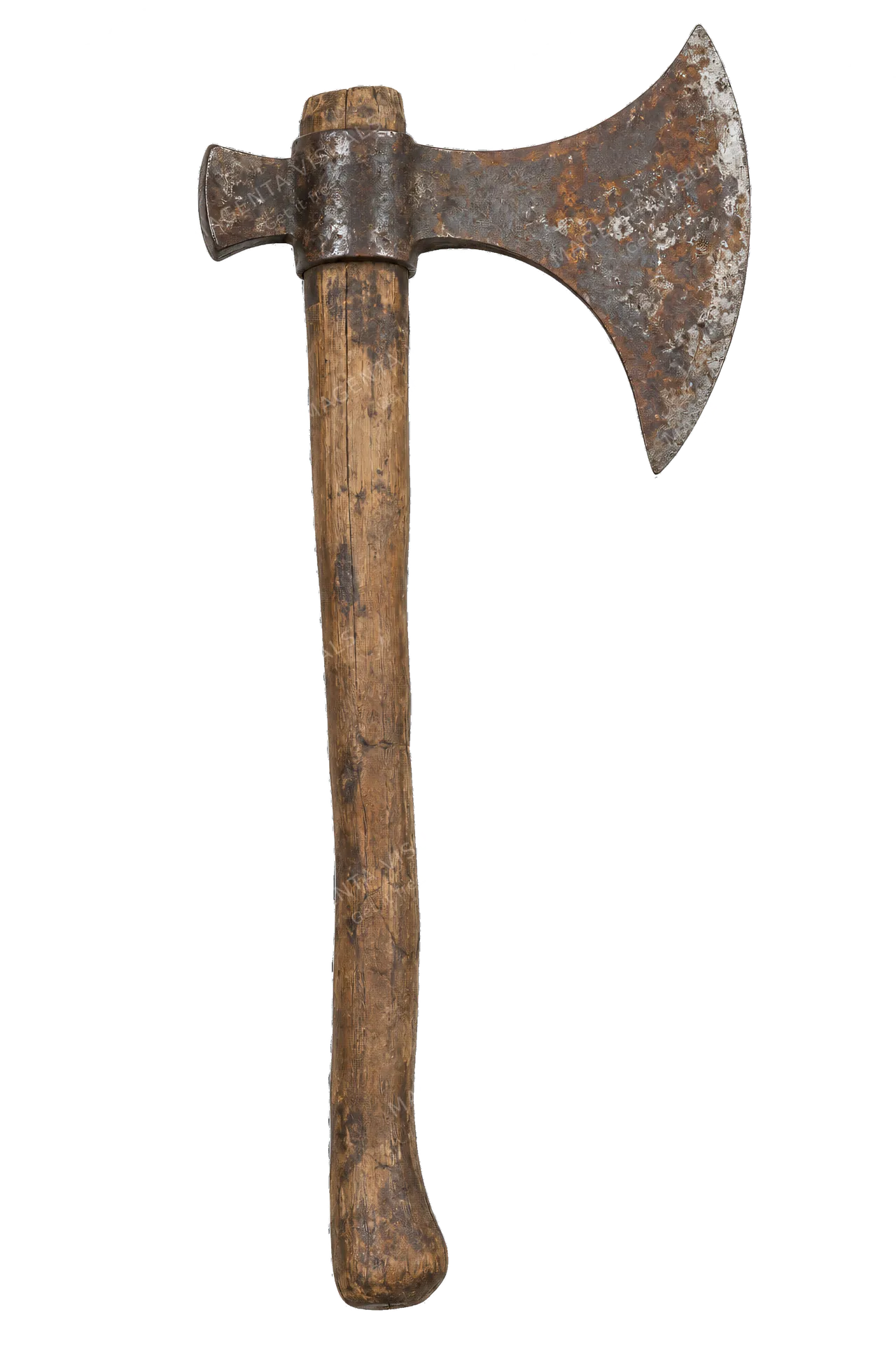 4K transparent cutout of product photography of a single ancient iron battle axe with a weathered wooden handle and rust and patina on the forged metal head, isolated object, entire subject visible, cente…