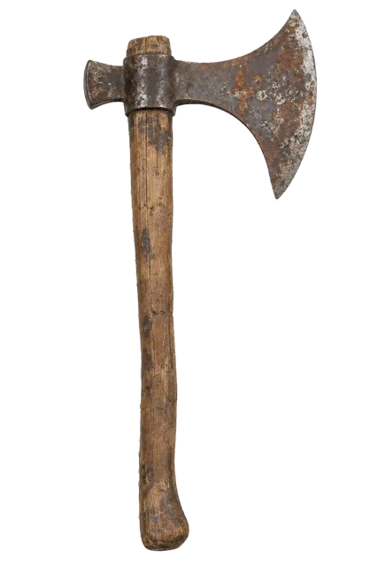 4K transparent cutout of product photography of a single ancient iron battle axe with a weathered wooden handle and rust and patina on the forged metal head, isolated object, entire subject visible, cente…