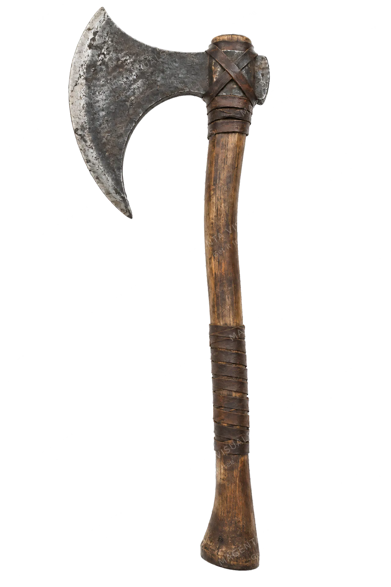 4K transparent cutout of product photography of a single heavy ancient battle axe with a broad curved iron blade and a worn wooden handle bound with leather straps, isolated object, entire subject visible…