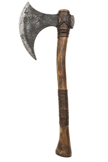 4K transparent cutout of product photography of a single heavy ancient battle axe with a broad curved iron blade and a worn wooden handle bound with leather straps, isolated object, entire subject visible…