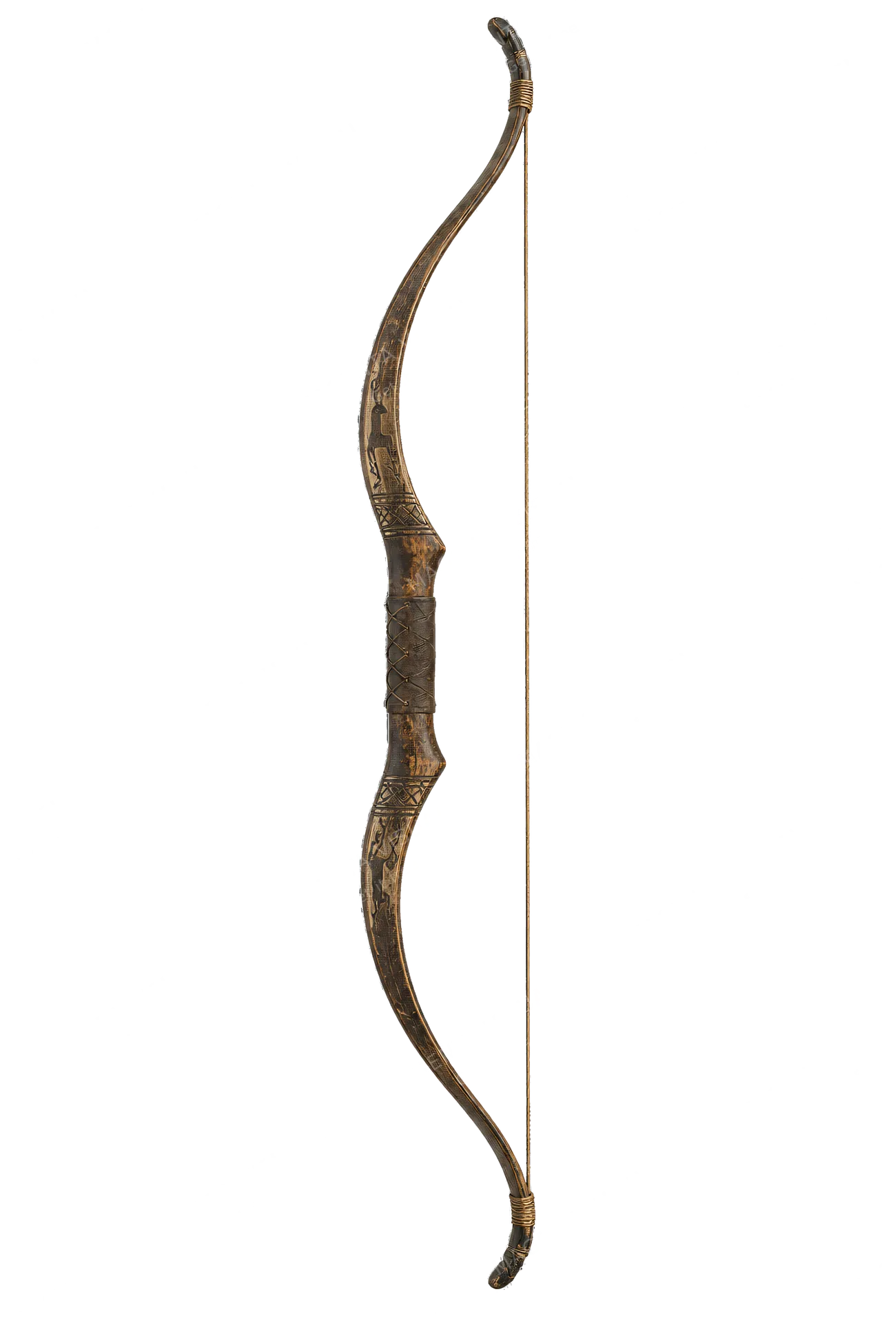 4K transparent cutout of product photography of a single ancient wooden recurve bow with a taut woven string showing weathered wood grain and carved historical details, isolated object, entire subject vis…