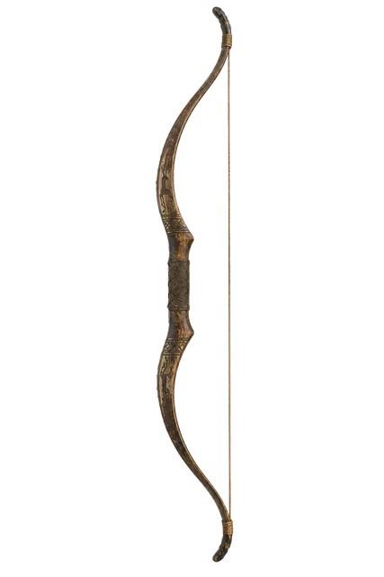 4K transparent cutout of product photography of a single ancient wooden recurve bow with a taut woven string showing weathered wood grain and carved historical details, isolated object, entire subject vis…