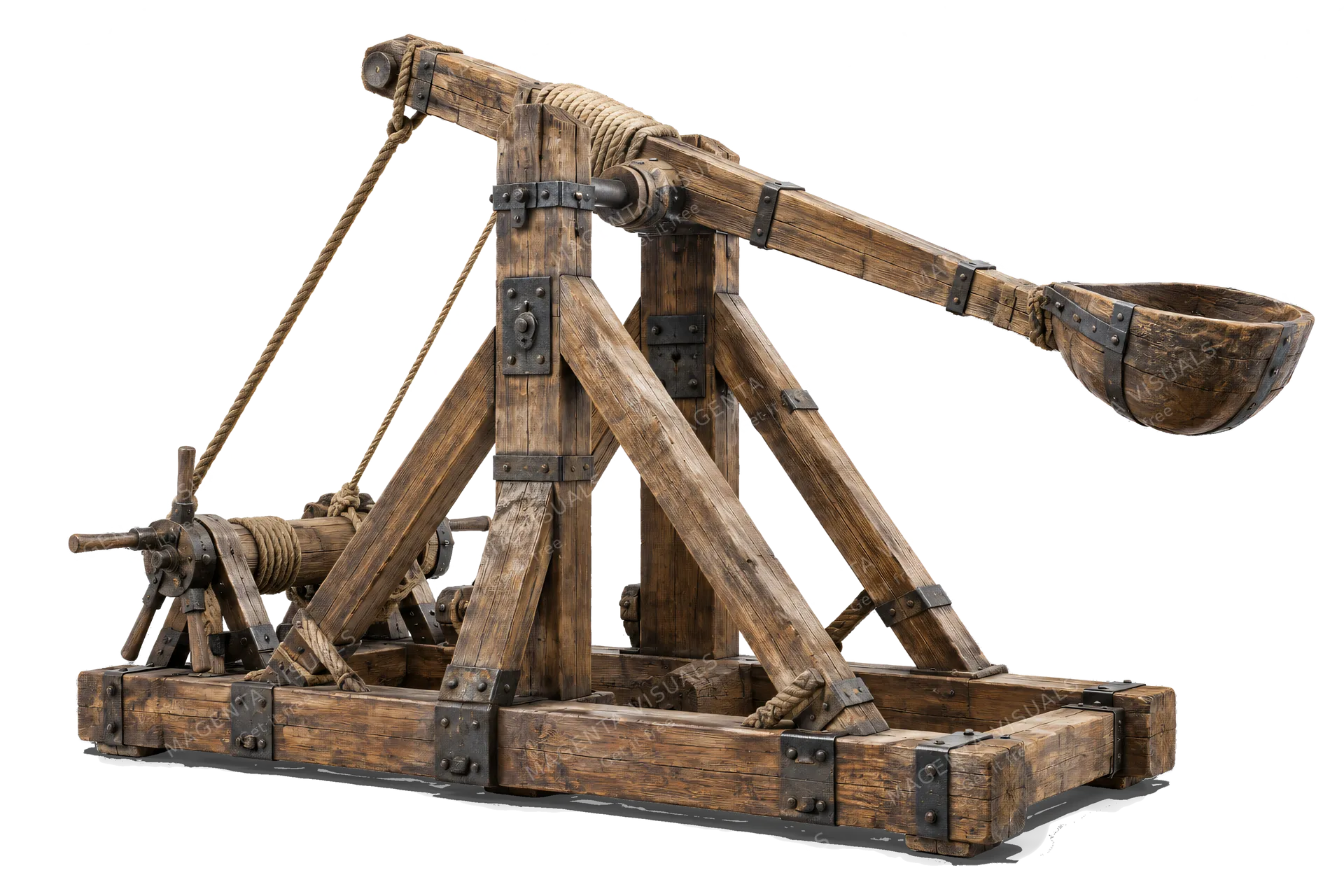 4K transparent cutout of product photography of a single large wooden catapult with heavy timber framing, iron reinforcements, tension ropes, and a massive throwing arm with a carved wooden basket, isolat…