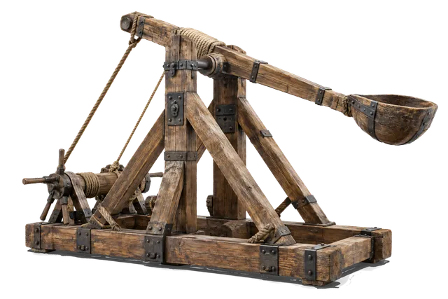 4K transparent cutout of product photography of a single large wooden catapult with heavy timber framing, iron reinforcements, tension ropes, and a massive throwing arm with a carved wooden basket, isolat…