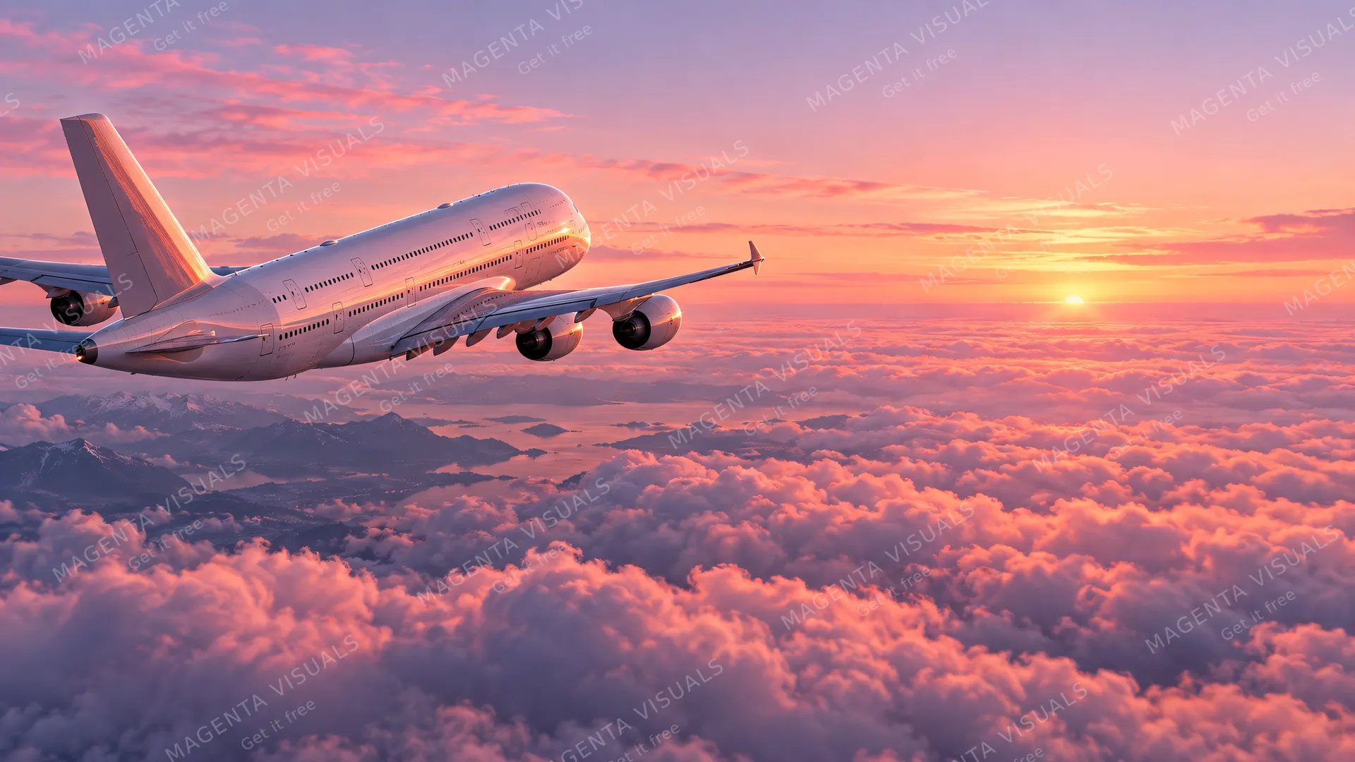 4K wallpaper of A 16:9 widescreen desktop wallpaper featuring a colossal double-decker Airbus A380 positioned exclusively on the left half of the composition in a slight upward climb during early…