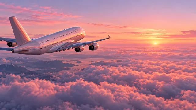 4K wallpaper of A 16:9 widescreen desktop wallpaper featuring a colossal double-decker Airbus A380 positioned exclusively on the left half of the composition in a slight upward climb during early…
