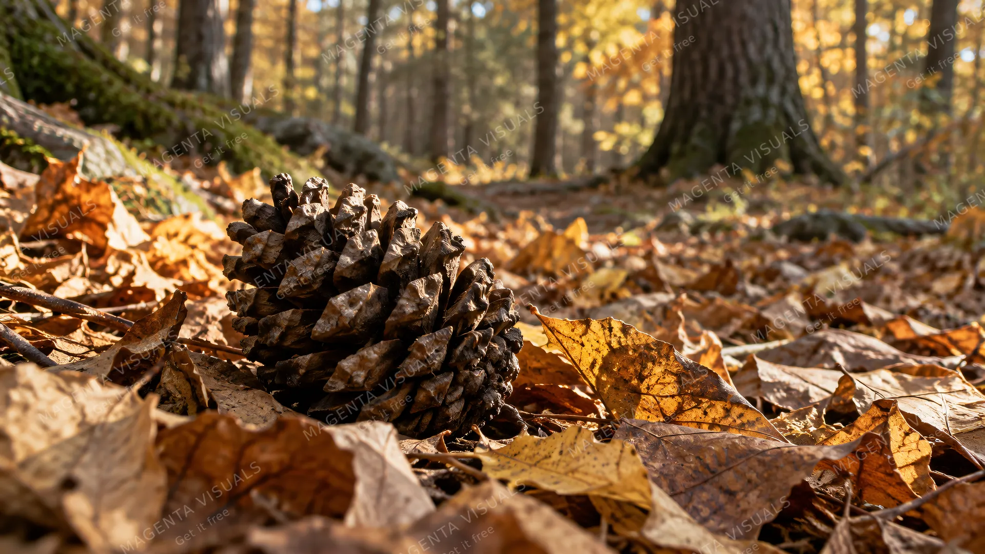 4K A 16:9 photoreal photograph of a rugged pinecone resting on a bed of dry, golden and brown fallen leaves in a dense autumn forest.