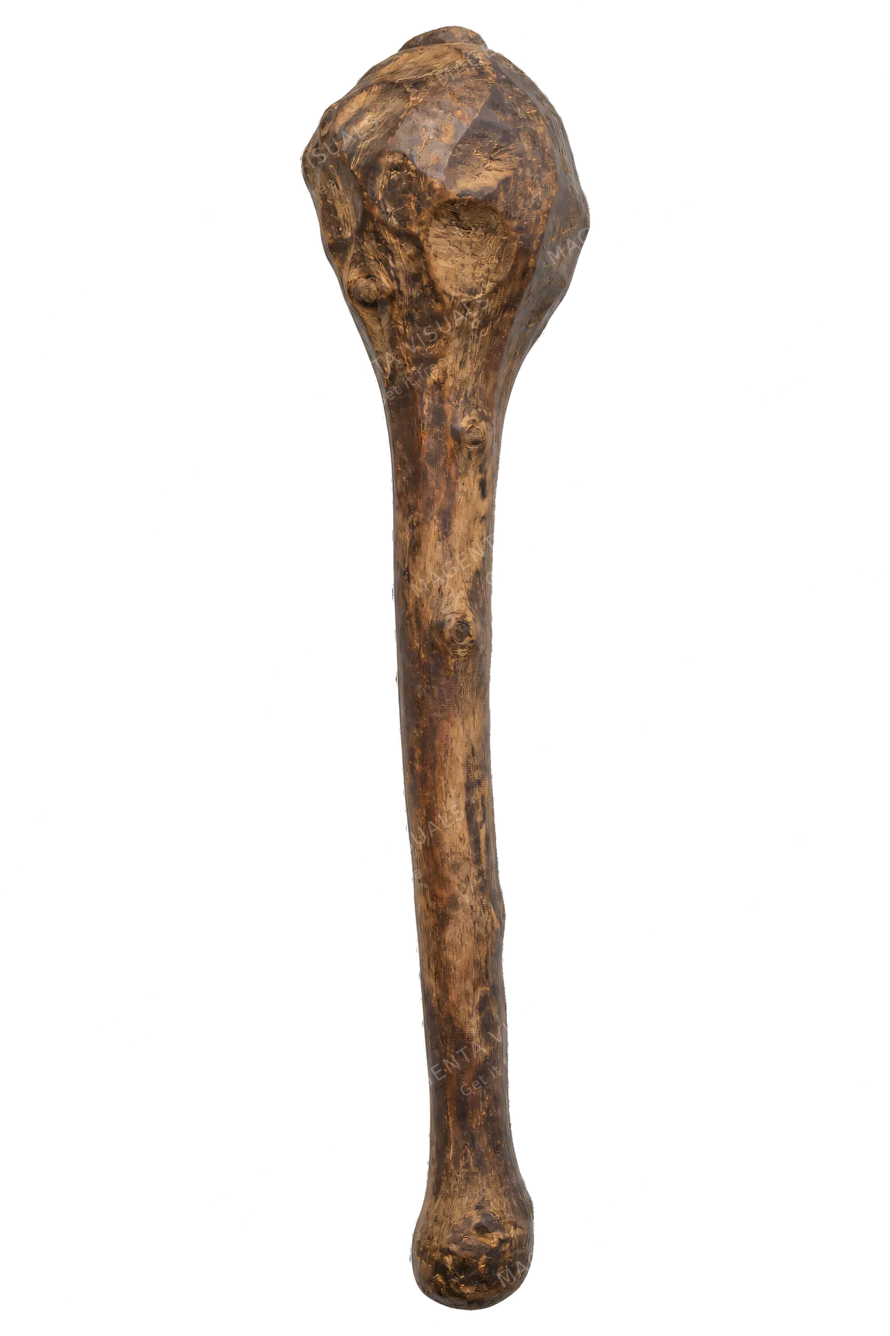 4K transparent cutout of product photography of a single primitive wooden club made from a thick carved branch with a bulbous striking end, isolated object, entire subject visible, centered in frame, muse…