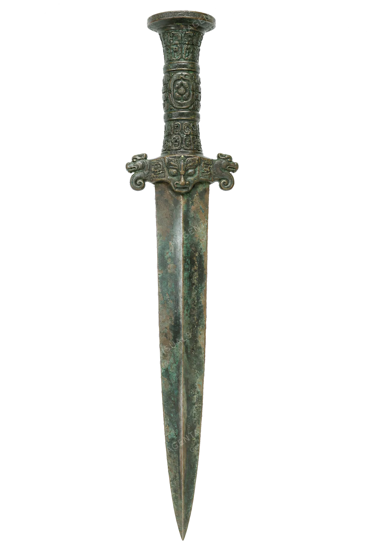 4K transparent cutout of product photography of a single ancient bronze dagger with an intricately carved hilt and double-edged blade, isolated object, entire subject visible, centered in frame, museum ar…