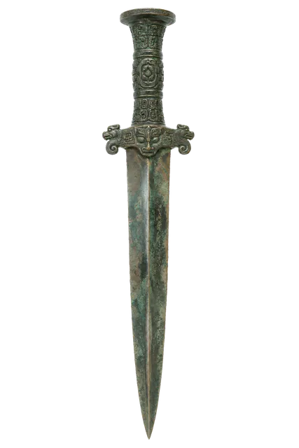 4K transparent cutout of product photography of a single ancient bronze dagger with an intricately carved hilt and double-edged blade, isolated object, entire subject visible, centered in frame, museum ar…
