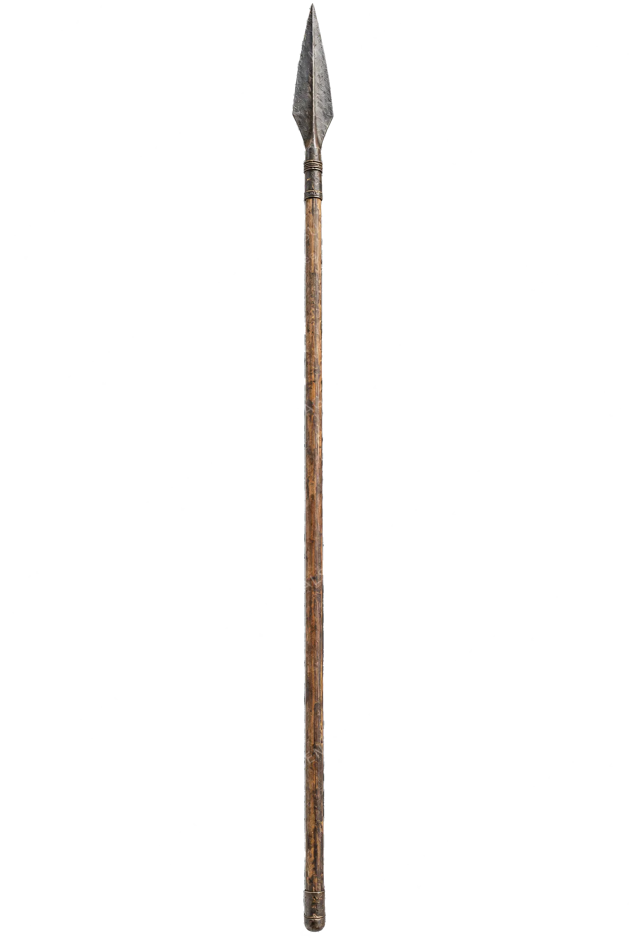 4K transparent cutout of product photography of a single ancient spear with a long wooden shaft and a sharp iron spearhead, isolated object, entire subject visible, centered in frame, museum artifact, anc…