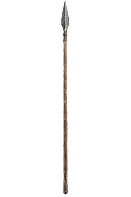 4K transparent cutout of product photography of a single ancient spear with a long wooden shaft and a sharp iron spearhead, isolated object, entire subject visible, centered in frame, museum artifact, anc…