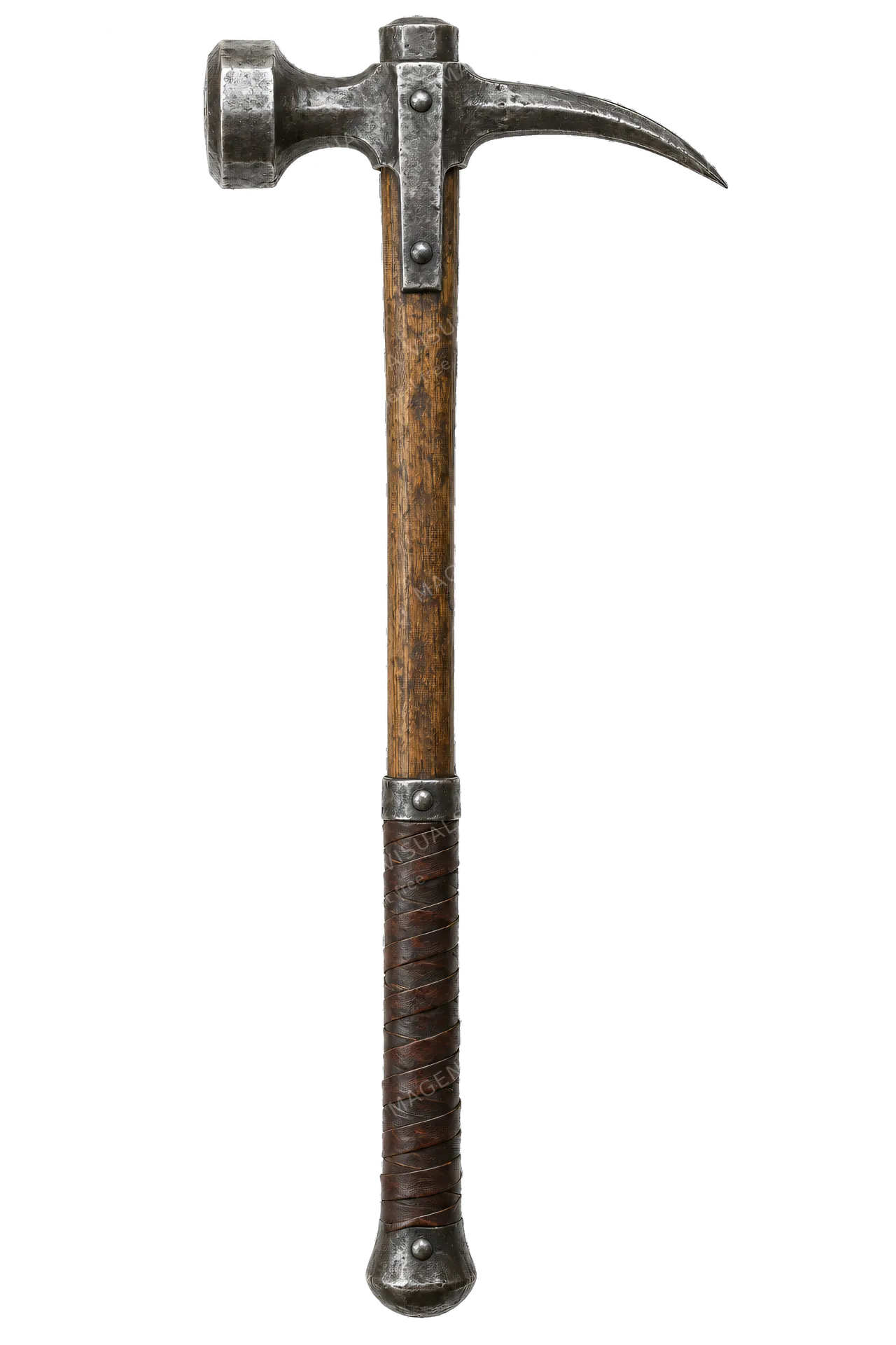 4K transparent cutout of product photography of a single medieval war hammer with a heavy iron head featuring a blunt hammering face and a curved rear spike, mounted on a solid oak shaft with a leather-wr…