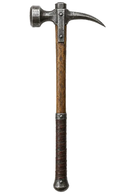 4K transparent cutout of product photography of a single medieval war hammer with a heavy iron head featuring a blunt hammering face and a curved rear spike, mounted on a solid oak shaft with a leather-wr…