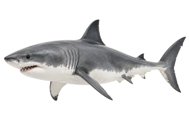 4K transparent cutout of product photography of a single shark, isolated object, entire animal visible, centered in frame, standing naturally, pure white background, seamless white backdrop, high key stud…
