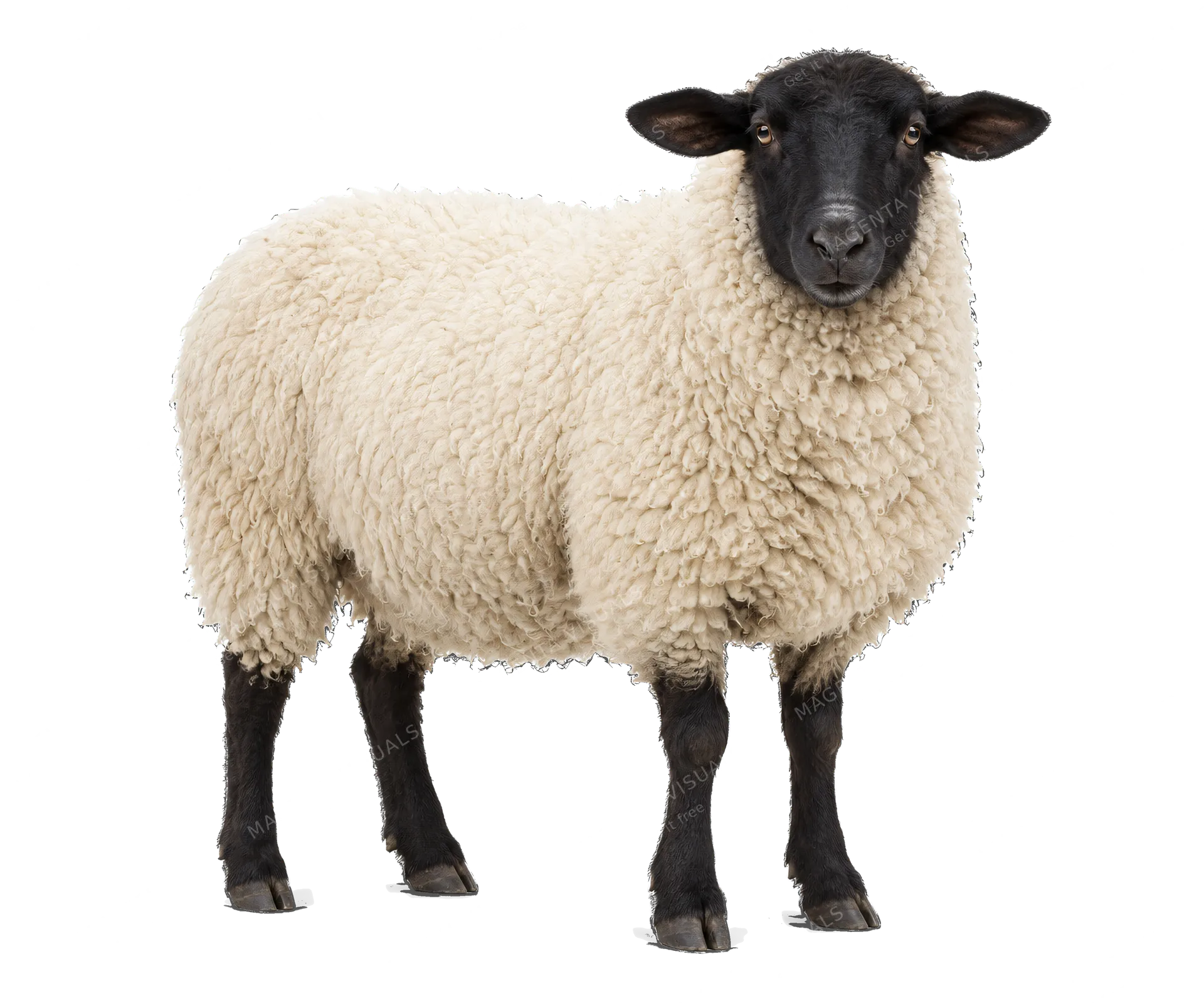 4K transparent cutout of product photography of a single adult domestic sheep, thick fluffy white wool fleece, black face and legs, isolated object, entire animal visible, centered in frame, standing natu…