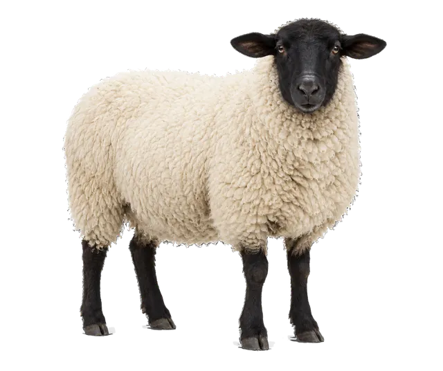 4K transparent cutout of product photography of a single adult domestic sheep, thick fluffy white wool fleece, black face and legs, isolated object, entire animal visible, centered in frame, standing natu…