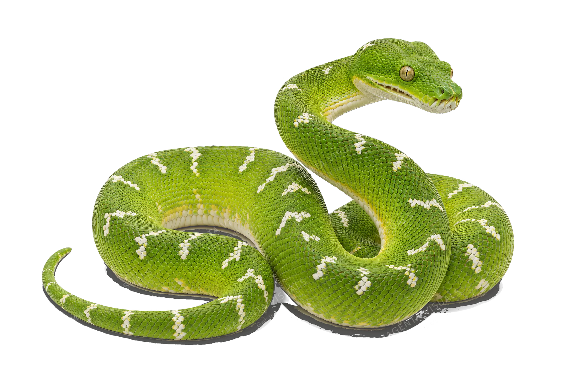 4K transparent cutout of product photography of a single adult green tree python, isolated object, entire animal visible, centered in frame, standing naturally, pure white background, seamless white backd…