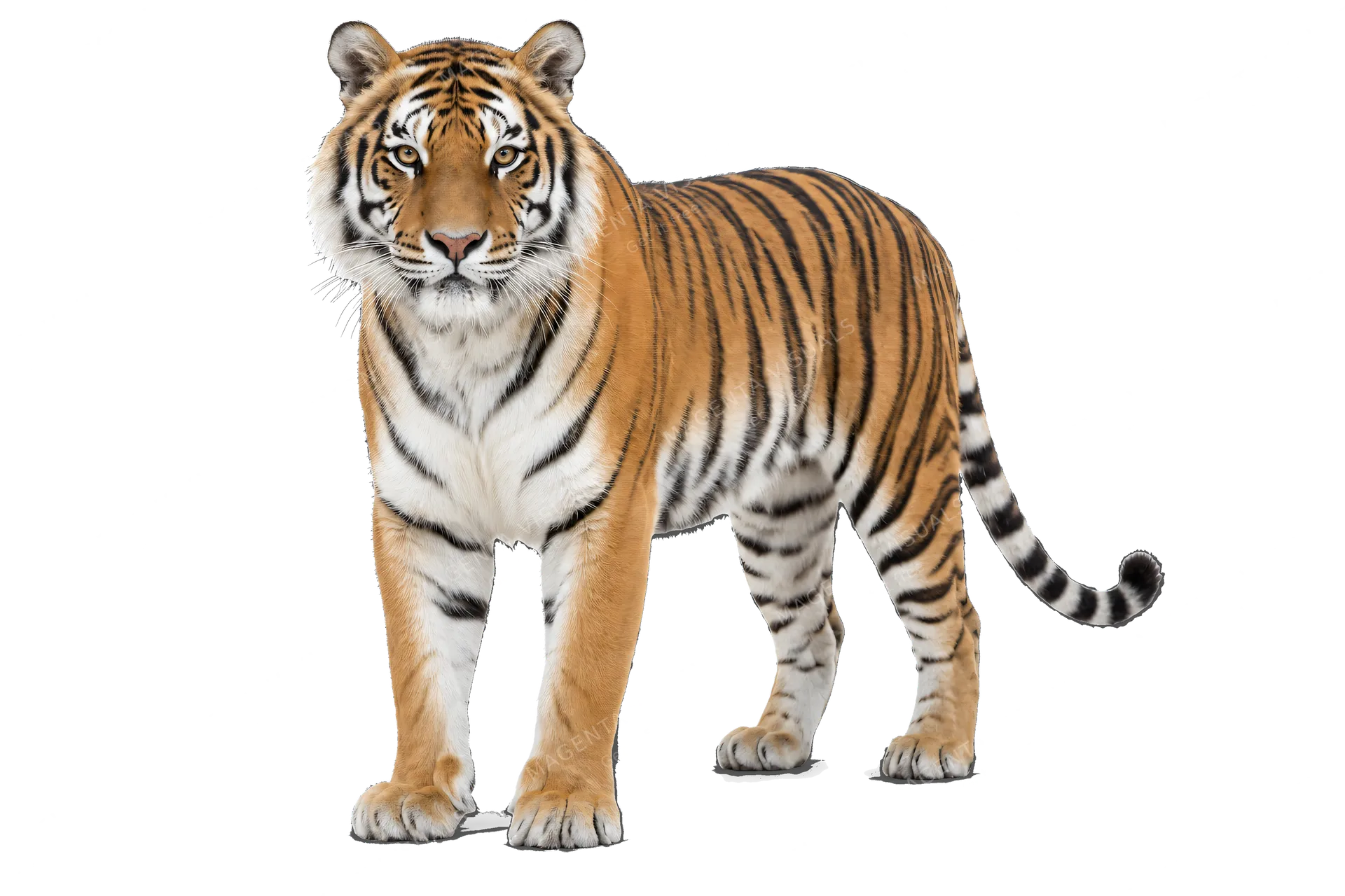 4K transparent cutout of product photography of a single tiger, isolated object, entire animal visible, centered in frame, standing naturally, pure white background, seamless white backdrop, high key stud…