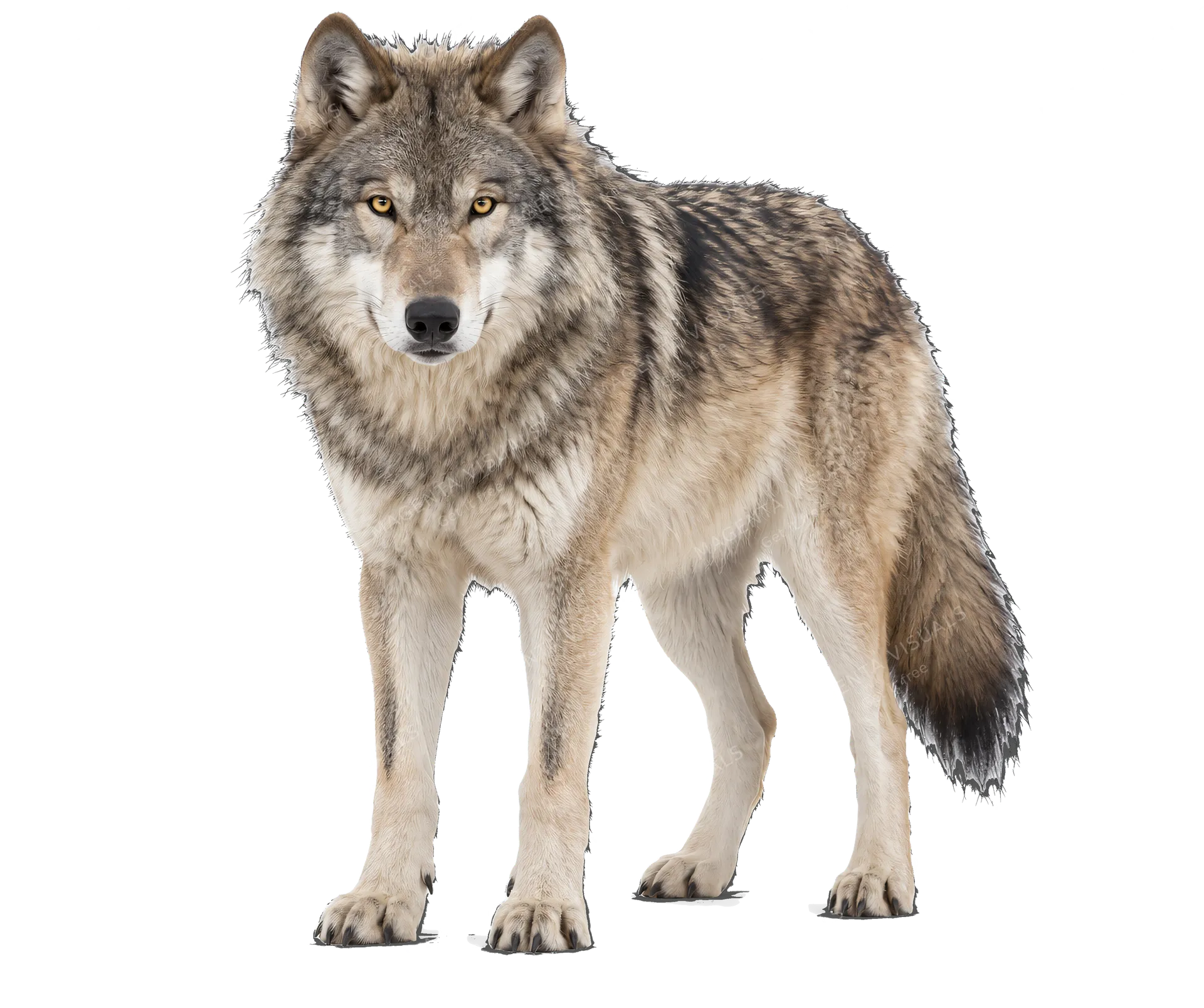 4K transparent cutout of product photography of a single adult gray wolf, thick coarse grey and brown fur, intense yellow eyes, muscular build, bushy tail, isolated object, entire animal visible, centered…
