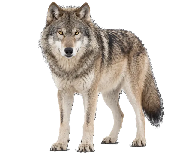 4K transparent cutout of product photography of a single adult gray wolf, thick coarse grey and brown fur, intense yellow eyes, muscular build, bushy tail, isolated object, entire animal visible, centered…