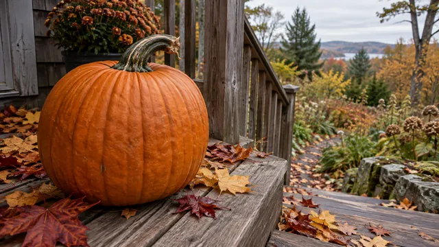 4K 16:9 photoreal photograph of a large, vibrant orange pumpkin sitting on a rustic wooden porch during the autumn season.